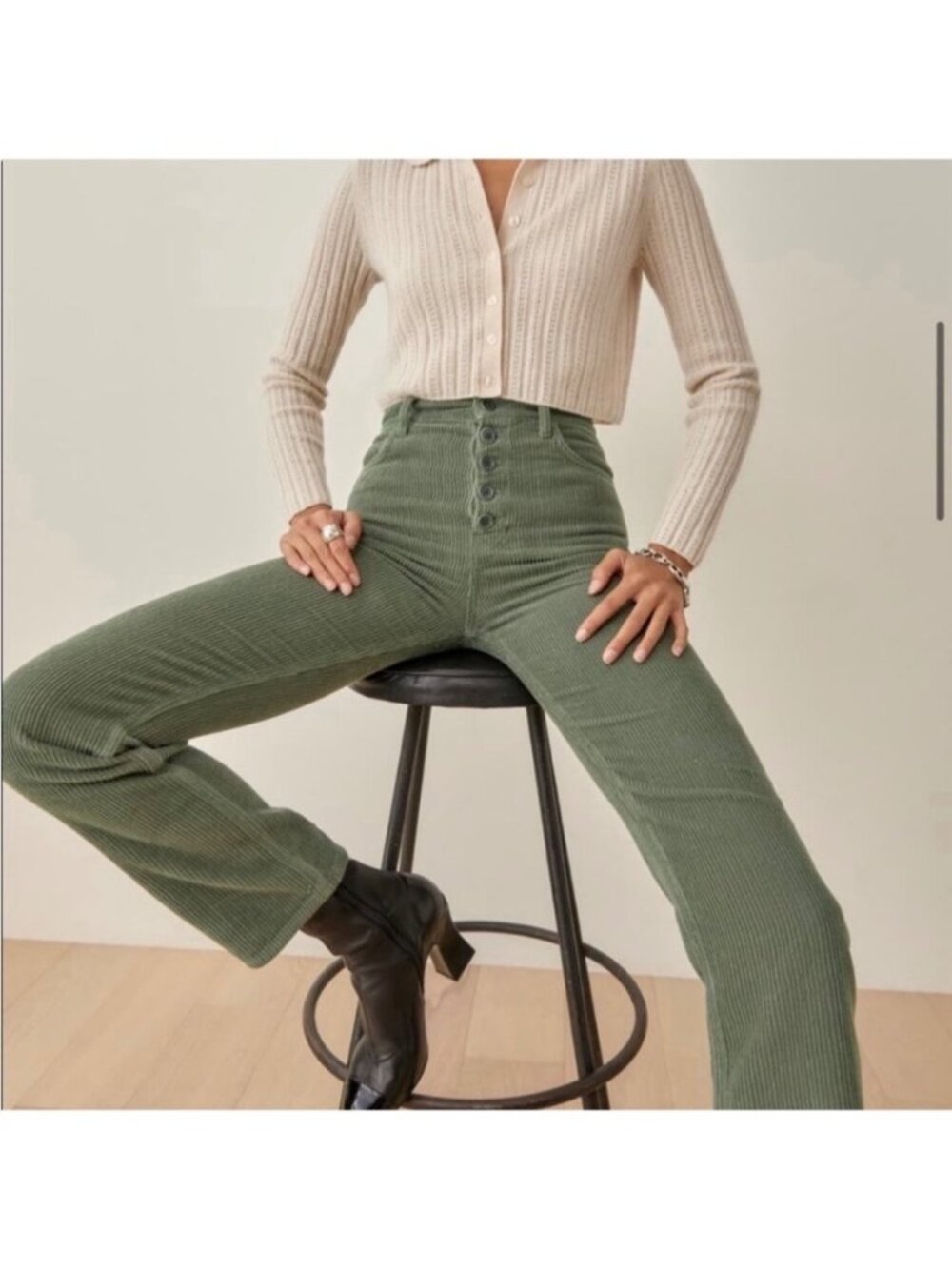 Reformation Cynthia Pants Size 27 Moss Green Corduroy Button Fly Whimsigoth Chic